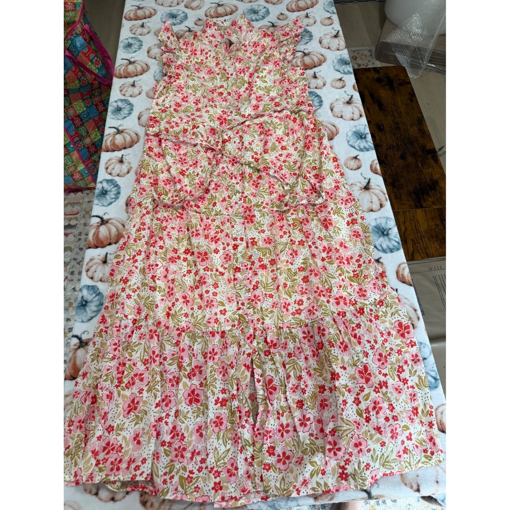 Lea Floral Cotton Maxi Dress Size L Pink Red Ruffle Tiered Button Feminine Boho